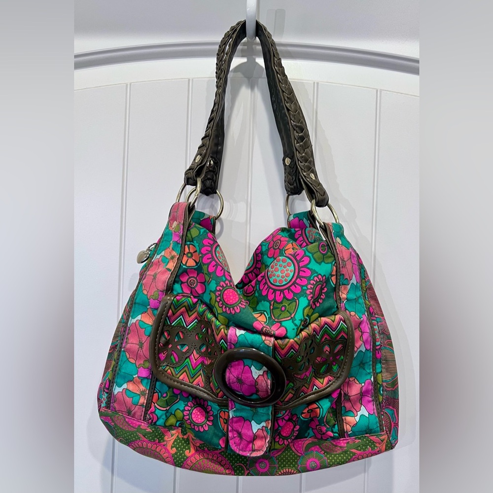 Loop retro floral top handle satchel mini duffel purse snap close envelope pkt - Picture 4 of 12